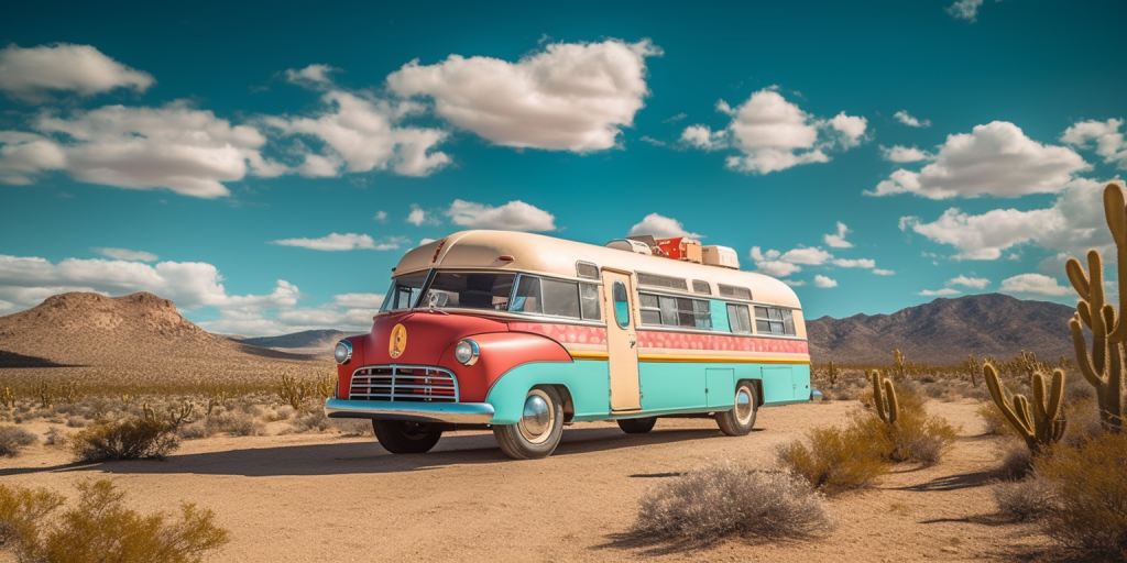 Bright faux RV in the desert, 50's style; courtesy of midjourney.