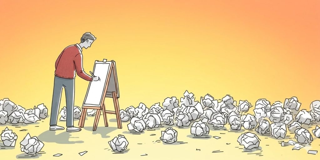 A cartoon man standing in front of nan easel with piles of crumpled up paper all over the ground.