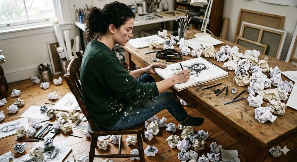 A human drawing a picture at a work desk with a bunch of balled-up, failed versions scattered around.