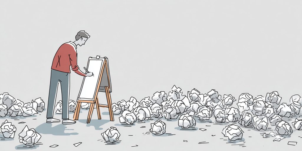A human drawing a picture at an easel with a bunch of balled-up, failed versions scattered around.
