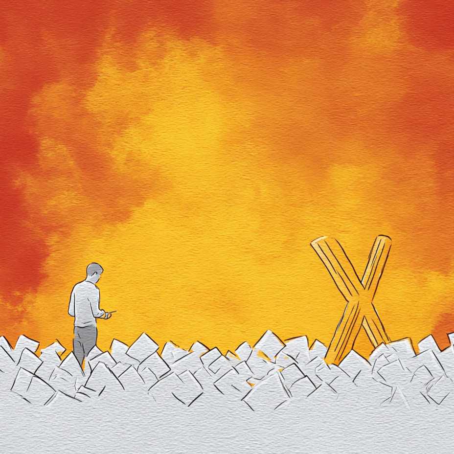 A cartoon man standing in front of a large letter 'x' with a firey background and piles of gray squares around him.