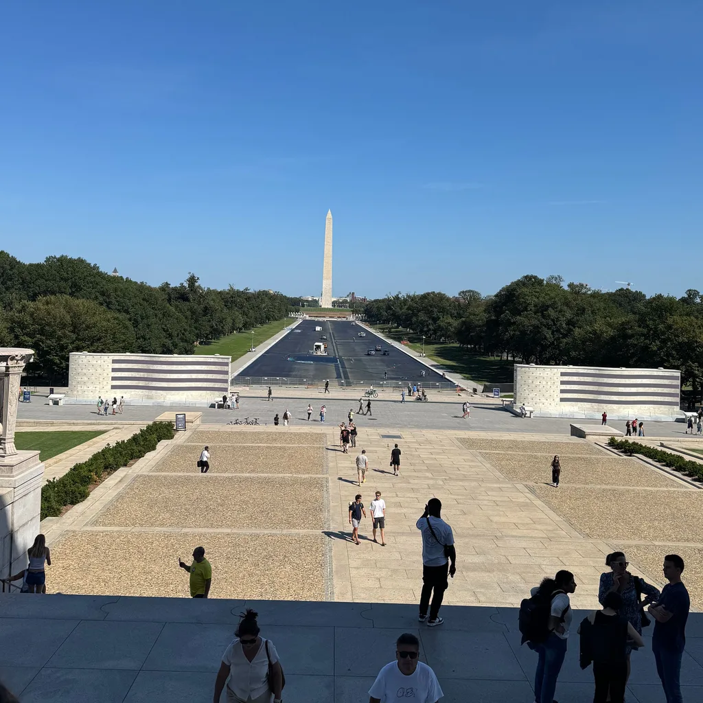 A view of the reflecting pool on a sunny day